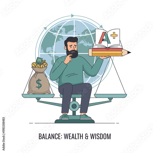 A man balancing wealth and wisdom in a global perspective