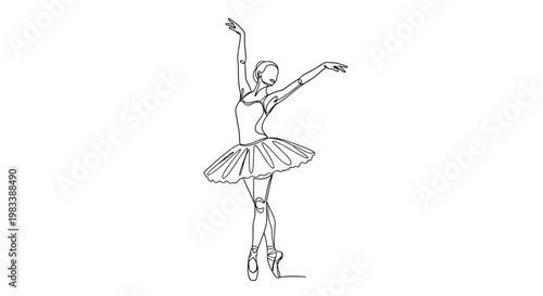 Single-line drawing of a ballet dancer in a tutu, arms outstretched