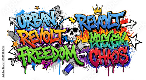 Colorful Graffiti Art with Urban Revolt Freedom and Chaos Lettering Skull and Spray Cans