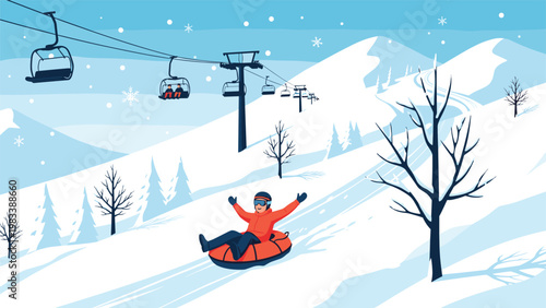Enthusiastic person snow tubing down a snowy hill at a winter resort with a chairlift and mountains in the background.
