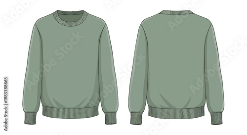 A clean, blank sage green crewneck sweatshirt design vector, featuring both the front and back views, perfect for fashion templates, apparel