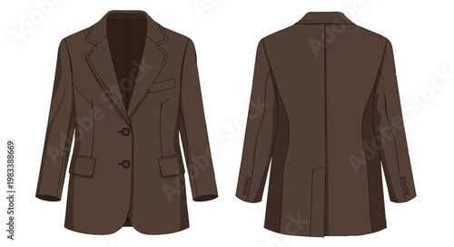 Brown blazer detailed illustration, presenting both front view with lapels, buttons, and pockets, and the sleek, tailored back design, ideal for