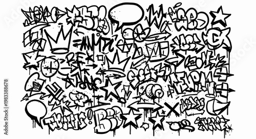 Urban Street Art Graffiti Tags and Handstyle Elements in Black and White Ink on Textured Background