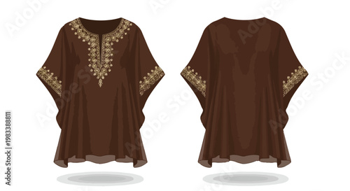 Elegant Brown Kaftan Garment with Intricate Golden Embroidery, Front and Back View Illustration
