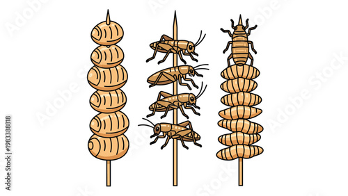 Selection of edible insects including larvae and crickets served on wooden skewers as a source of sustainable protein.