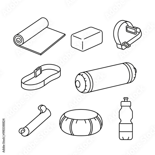 Yoga equipment illustration rolled mat blocks straps and water bottle