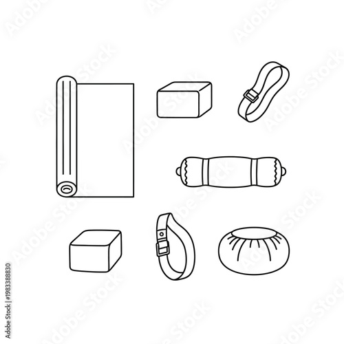 Yoga equipment illustration rolled mat blocks straps bolster and cushion