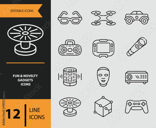 Fun and novelty gadgets icons in line style for various devices