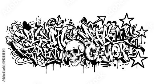Black and white urban graffiti art featuring a detailed skull surrounded by stylized lettering, stars, and paint drips.