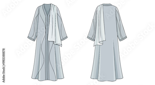 Technical illustration of a women's long flowing open-front garment with draped elements and wide sleeves, showing front and back views for fashion