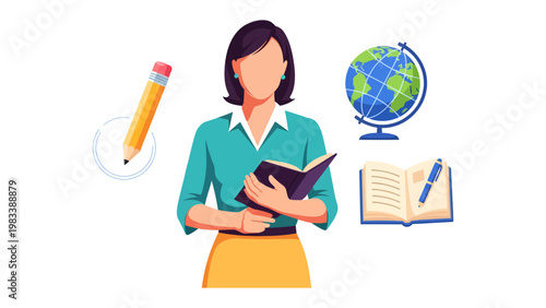 Education Illustration: A teacher, surrounded by the tools of education, including a globe, pencil, and book, represents the core values of learning, knowledge, and wisdom.