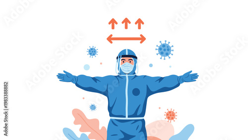 Medical professional wearing a full blue protective suit and face mask demonstrating social distancing with arms spread wide.
