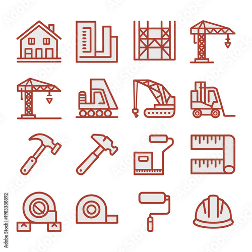 Construction Icons Set: A collection of various line-art icons that depicts the building construction theme. Including diverse tools and equipment for engineering and designing projects.