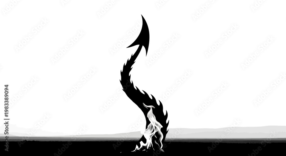 Fototapeta premium Minimalist Black Silhouette of a Spiked Devil Tail with Rising Flame Against a Stark White Sky and Dark Horizon