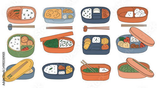 Large collection of different bento boxes containing various Japanese meals with rice, meat, and vegetables for lunch.