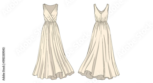 Elegant technical flats showcasing a sophisticated sleeveless maxi dress with a flattering v-neckline and gracefully flowing skirt perfect for