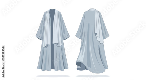 Elegant digital illustration of a flowing blue modest garment with a draped scarf, front and back views
