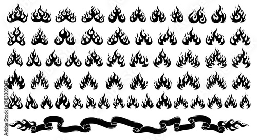 Set of Stylized Black Fire Flame Icons and Flaming Ribbon Banner Graphic Design Elements Isolated on White