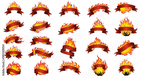 Set of Various Red Flaming Banners and Ribbon Labels with Burning Fire Effects Isolated on White Background