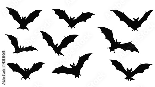 Silhouettes of many bats in different flying positions against a white background for Halloween or nature-themed designs.