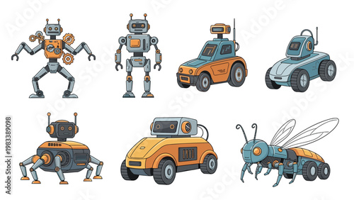 Set of various futuristic robots including humanoid droids, robotic vehicles, and an insect-like machine on a white background.