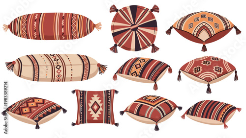 Collection of decorative cushions and pillows with various patterns, textures, and tassels in warm earthy tones.