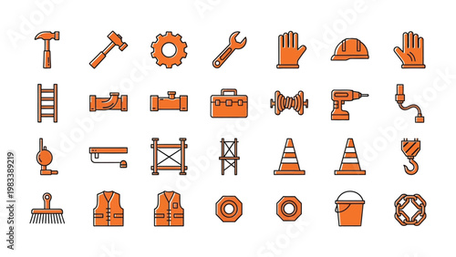 Construction Icons: A collection of various construction tools and equipment, neatly arranged, representing the essential elements of building and craftsmanship.