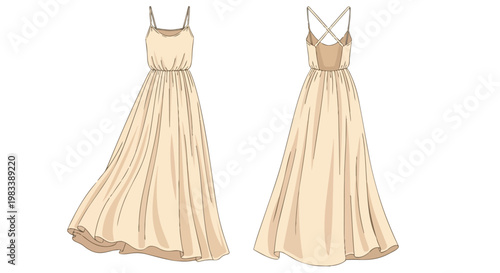 Elegant flowing maxi dress illustration design showcasing front and back views. This versatile apparel offers comfortable style, perfect for