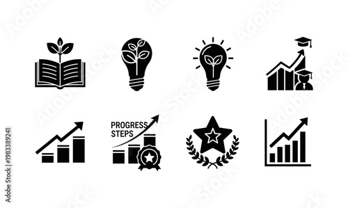 Educational growth icons: progress and achievement in silhouette