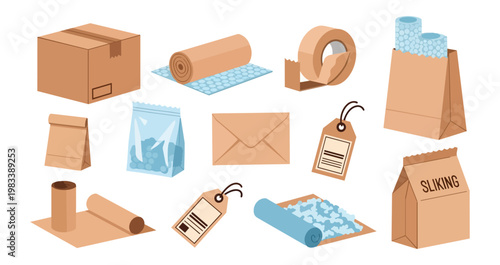 Packaging supplies assortment for shipping delivery or storage vector illustration
