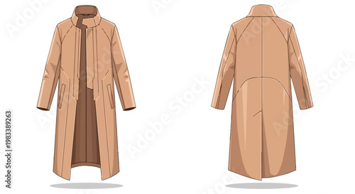 A detailed full length fashion illustration of a contemporary long beige coat presented with clear front and back views perfect for clothing design
