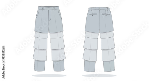 A precise digital illustration presenting avant-garde multi-tiered trouser design from both frontal and rear perspectives, emphasizing innovative