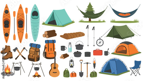 Large collection of camping equipment including tents, backpacks, kayaks, and outdoor tools for an adventure in nature.
