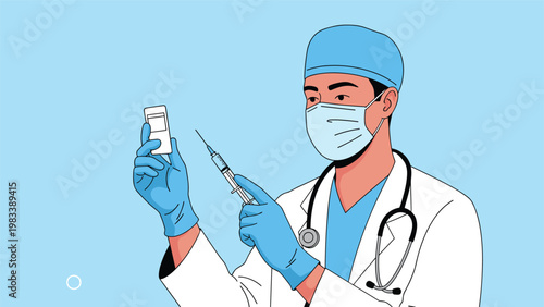Doctor wearing a face mask and medical gloves while preparing a syringe and vaccine vial for a patient on a blue background.