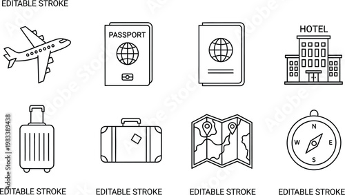 Travel icons for planning a trip and exploring destinations worldwide easily