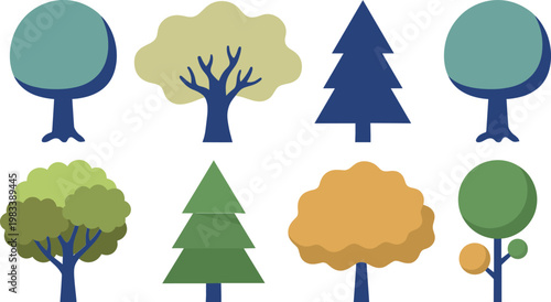A colorful illustration of various tree designs in a bundle of vector graphics for design concepts