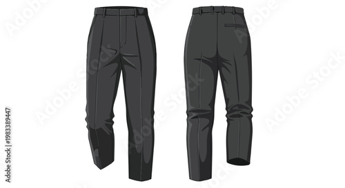Professional charcoal grey tailored trousers vector graphic showcasing both front and rear perspectives, ideal for fashion design, business apparel