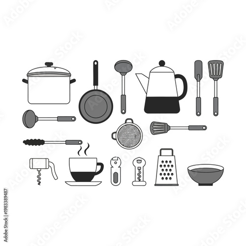 Collection of essential kitchen utensils and cookware for culinary preparation