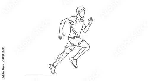 Minimalist line art depicts a muscular male runner in full stride