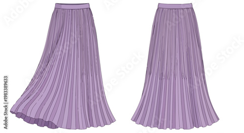 Elegant flowing lavender pleated maxi skirt fashion design illustration showcasing detailed technical garment flat sketch for modern apparel