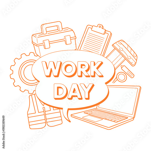 Workday Doodle: Artistic representation of tools and work-related items, all in a uniform style, symbolizing industry and labor.