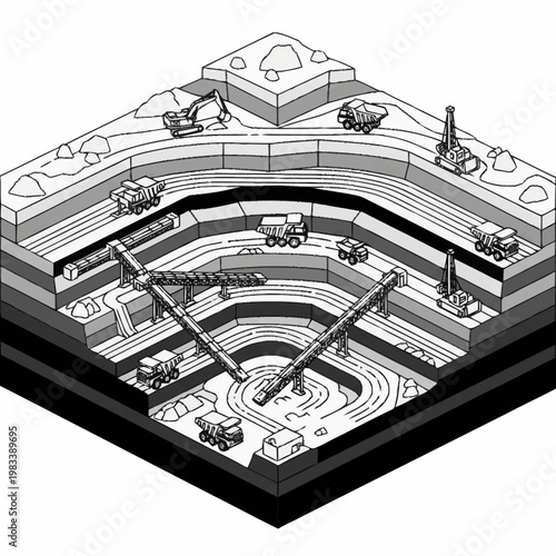 Isometric illustration of an open-pit mine with heavy machinery and layered earth cross-section.