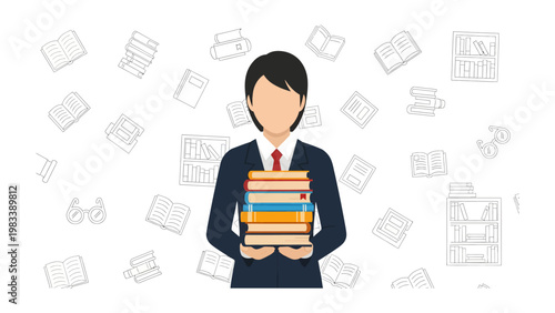 Knowledge Broker: A well-dressed individual stands prominently, embracing a stack of books, symbolizing knowledge, expertise, and a dedication to education amidst abstract book elements. 