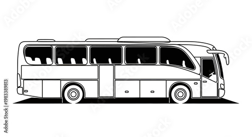 Side profile of a modern, multi-windowed tour bus with tinted windows, two doors, and wheels