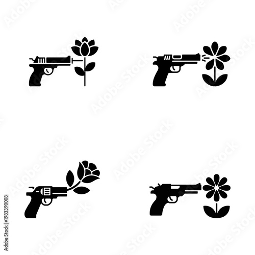 Four pistol and flower silhouette representing peace and conflict rose daisy