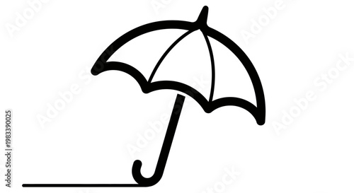 Minimalist black umbrella icon with a long curved handle casting a shadow