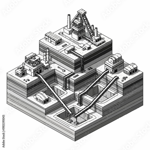 Isometric illustration of a coal mine with shafts, buildings, and tunnels, representing industrial extraction.