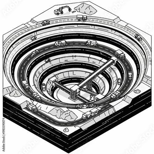 Isometric illustration of a multi-level circular road system with vehicles and construction equipment.
