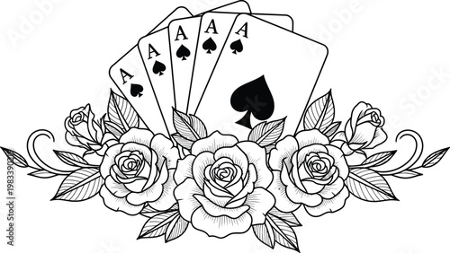 Four aces with roses playing cards floral casino illustration