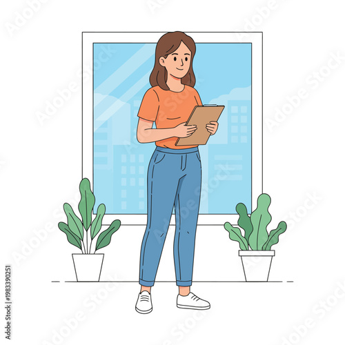A person standing indoors holding a tablet near a window with plants beside her